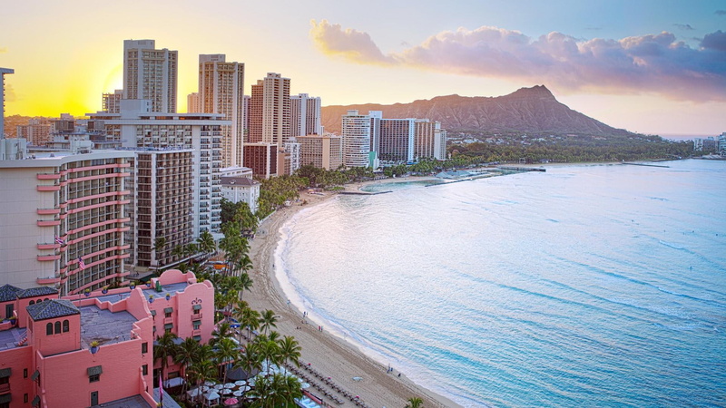 skyscraper, united states, shore, ocean, beach, oahu, coast, hawaii, sky, skyline, waikiki, city, honolulu, 1080P, waikiki beach