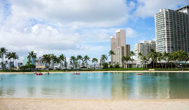 happy, leisure, sea, fun, architecture, landscape, sunny, boat, oahu, tropical, building, cityscape, nature, office building exterior, urban skyline, coconut palm tree