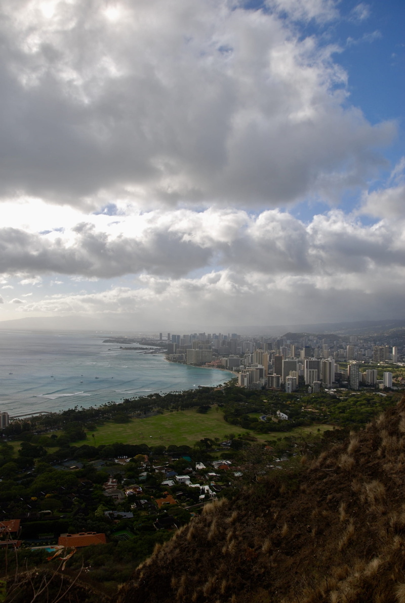 outdoors, honolulu, coastline, sky, hawaii, water, nature, cloud - sky, day, air pollution, rain, island, united states, architecture, cityscape, smoke stack