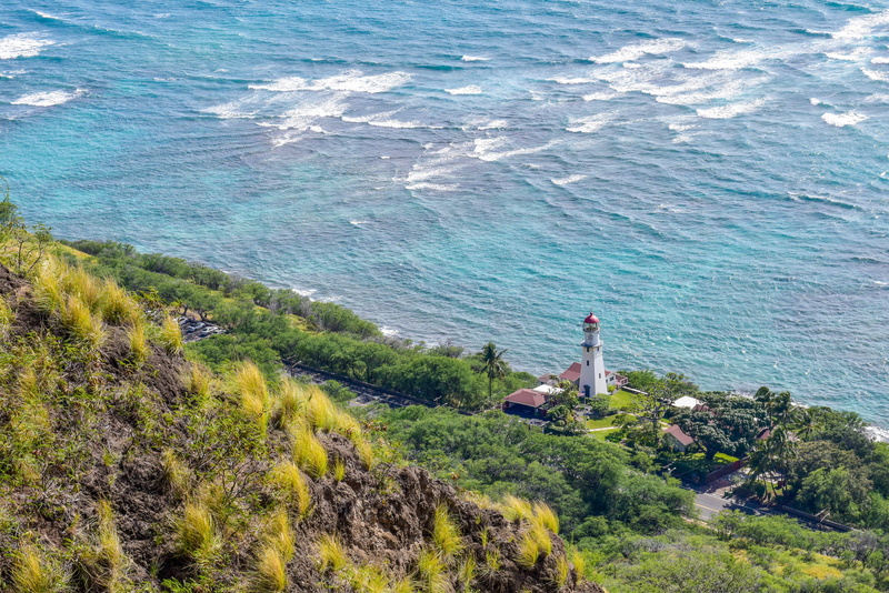 honolulu, tranquil scene, daytime, building, shoreline, lighthouse, coast, body, day, tower, beacon, water, rock, land, landscape, diamond head, ocean