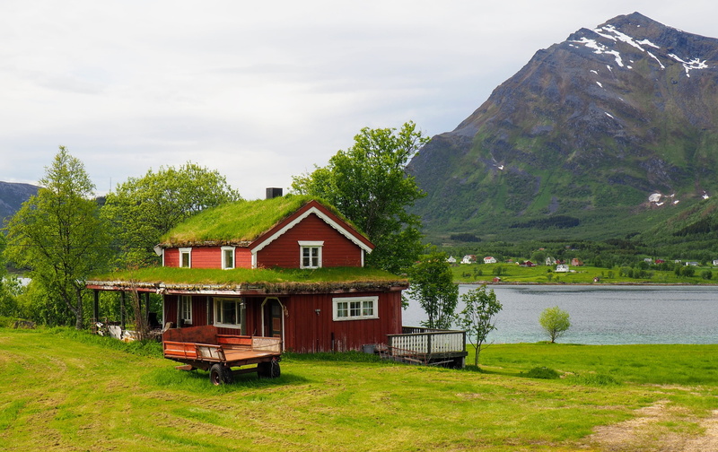 cabin, near, lake, cloud - sky, glacier, sea, storey, fjord, brown, landscape, built structure, nature, lofoten islands, 4K, building exterior, scenics - nature