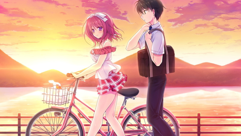 braids, clouds, komatsu, game, sky, bicycle, brown, rina, water, alcot, hair, skirt, motomiya, eyes, sunset, short, purple, 2K, mitsuki