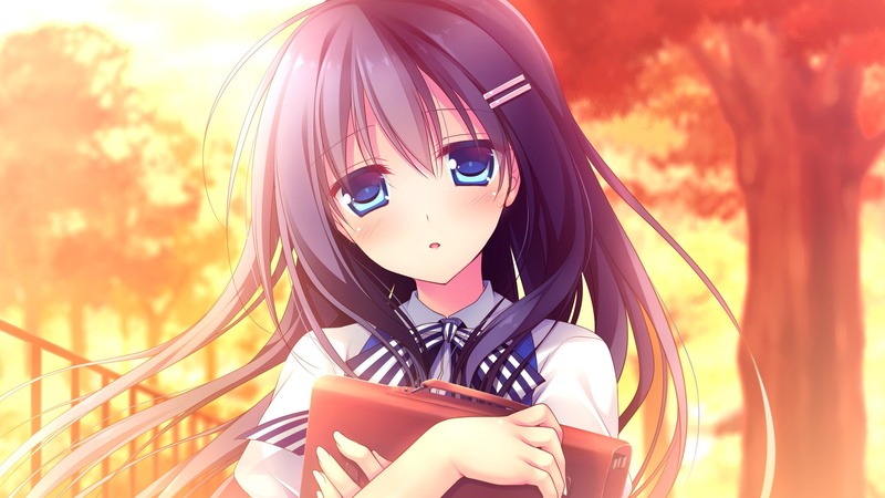 game, tonari, 2K, tree, koishiteru!, black, bow, hoshino, mitsuki, seifuku, alcot, hair, long, blue, motomiya, kimi, nagisa, eyes, blush
