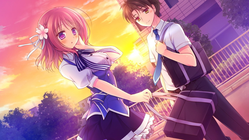 game, sunset, seifuku, koishiteru!, hair, kimi, alcot, short, tonari, mitsuki, purple, tie, eyes, ribbons, brown, rina, skirt, bow, komatsu, motomiya, 2K