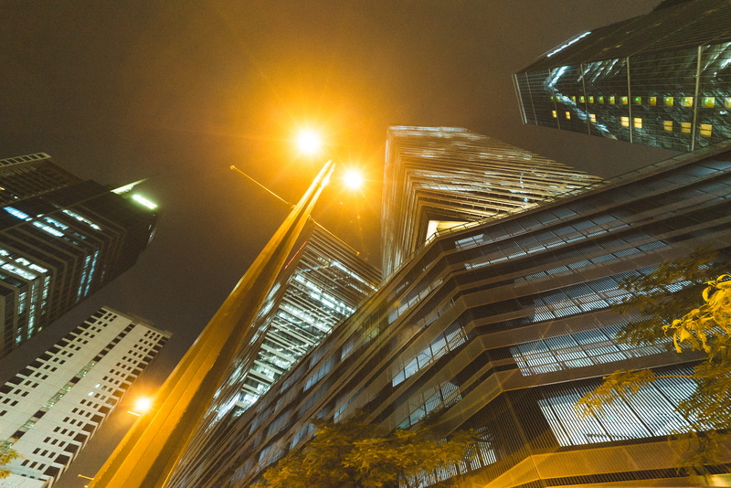 street photography, tall - high, illuminated, skyscraper, cityscape, business, bgc, low light, 4K, alloy, symmetry, outdoors, portrait, steel, geometry