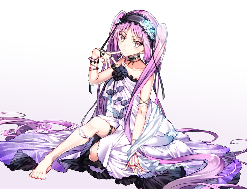 beautiful woman, young adult, Anime, studio shot, dress, portrait, fashion, full length, twintails, white background, indoors, beauty, purple hair, women