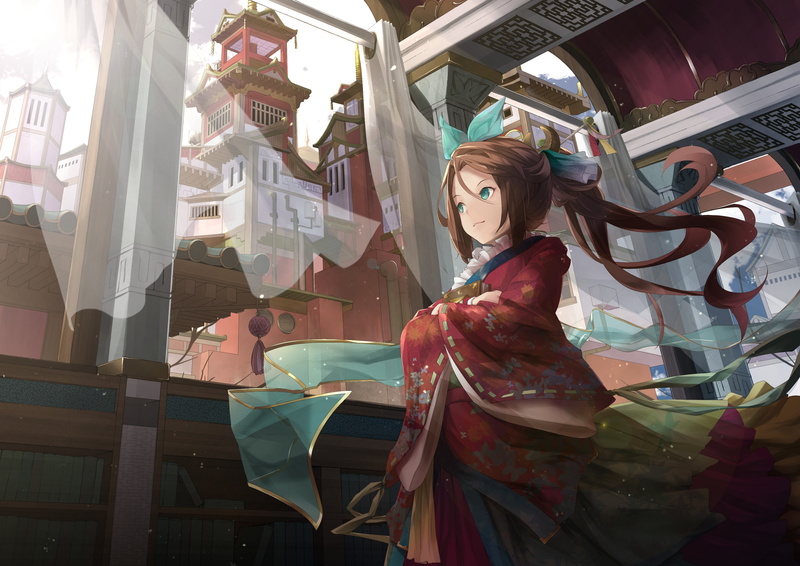 Japanese clothes, long hair, anime, 2K, brunette, anime girls, green eyes