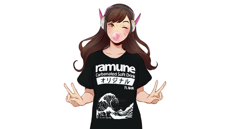 Overwatch, T-shirt, brunette, 1080P, winking, video games, wink, headphones, D.Va (Overwatch)