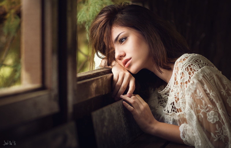 white clothing, shoulder length hair, Delaia Gonzalez, looking away, window, David Mas, brunette, 720P, blouse, women