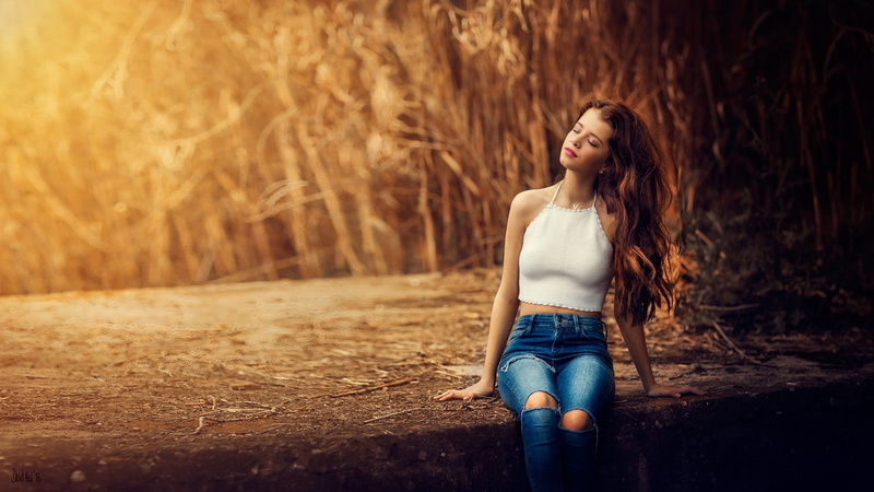 wavy hair, women outdoors, David Mas, women, torn jeans, long hair, sitting, redhead, model, 720P, closed eyes
