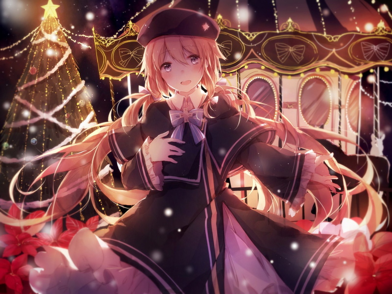 1080P, Christmas Tree, Flower, Hat, Anime, Blush, Twintails, Dress, Long Hair, Blue Eyes, Magi in Wanchin Basilica, Blonde