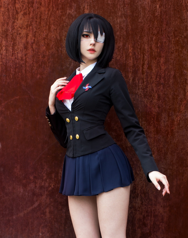 Another, outdoors, women, Misaki Mei, black hair, eyepatches, school uniform, cosplay, women outdoors, Alin Ma, portrait display, vertical, bangs, model