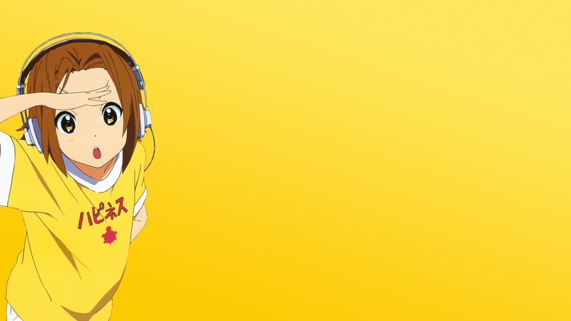 portrait, copy space, colored background, yellow background, Tainaka Ritsu, headshot, studio shot, human face, hairstyle, human body part, looking at camera