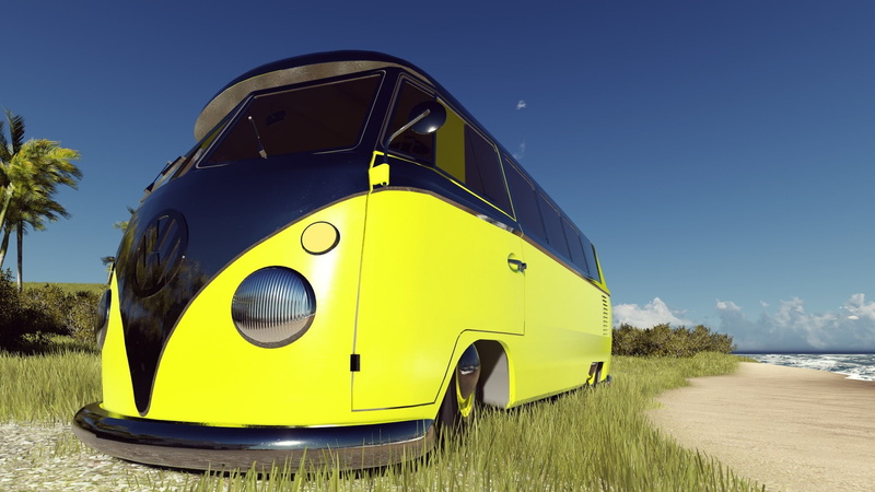 water, Volkswagen, no people, mode of transportation, yellow, blue, beach, nature, motor vehicle, 1080P, transportation, sky, day, outdoors, car, land vehicle