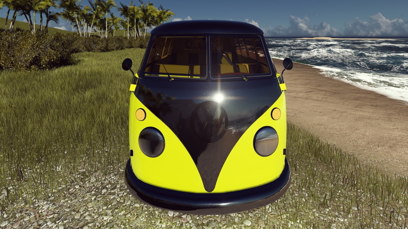 sea, render, scenics - nature, no people, yellow, VW Kombi, land, sand, car, mode of transportation, water, plant, grass, transportation, 1080P, day, Volkswagen