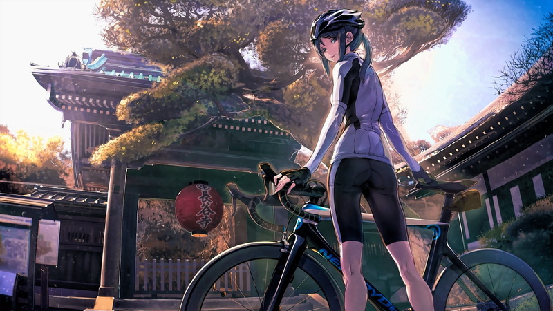 outdoors, young women, one person, Anime, built structure, building exterior, headwear, cycling, architecture, mori shiki, young adult, minami kamakura koukou joshi jitensha-bu