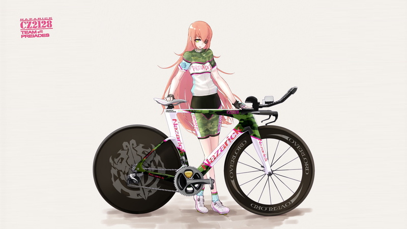 front view, retro styled, mode of transportation, indoors, one person, young adult, pink color, overlord, bicycle, CZ2128 Delta, studio shot, Anime, bike