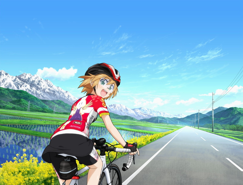 bicycle, women with bicycles, anime, Long Riders!, 1080P, green eyes, Kurata Ami, short hair, anime girls, road, sky