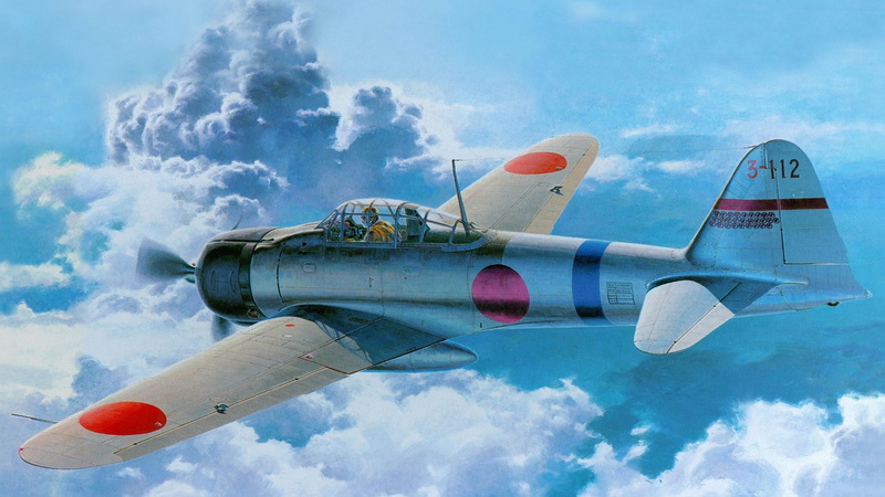 airplane, military airplane, outdoors, mitsubishi a6m zero, fighter plane, cloud - sky, motion, day, sky, flying, plane, on the move, mode of transportation