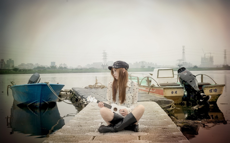 Asian, blouses, pier, siting, young adult, reflection, nature, 2K, concrete, real people, water, adult, one person, sitting, outdoors, city, long hair