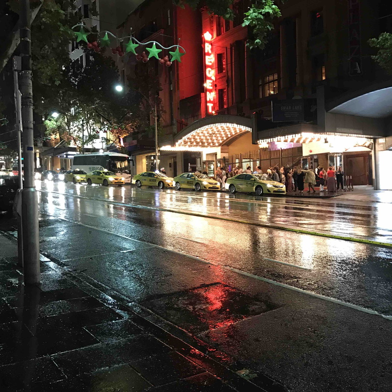 built structure, umbrella, summer, rainy season, taxi, regent, wet, monsoon, collins street, protection, city, rain, street, water, nighttime, building exterior