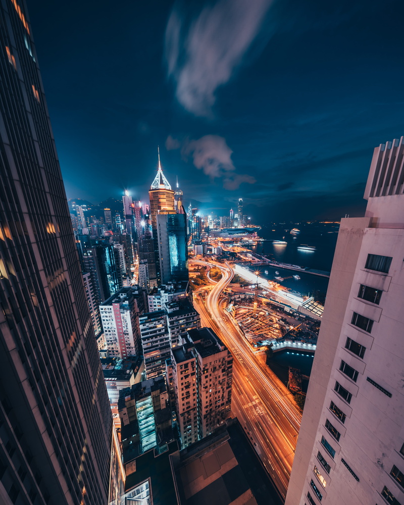 teal and orange, light trail, road, hong kong, modern, long exposure, city, landscape, buildings, crowded, nightscape, financial district, illuminated
