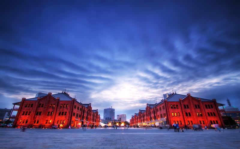 5K, structures, winter, outdoors, Asia, mirai, street, architecture, longexposure, blue, illuminated, Japan, ultrawideangle, cloulds, sunset, kanagawaprefecture