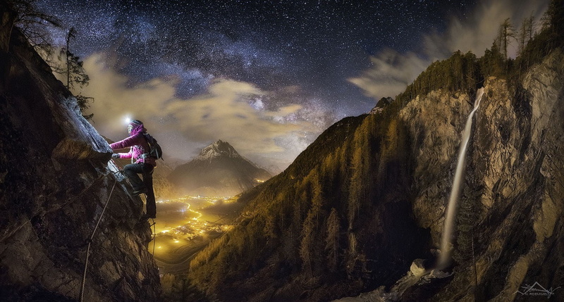 mountain, stars, village, long exposure, rock, lifestyles, nature, beauty in nature, one person, rock climbing, snowy peak, scenics - nature, activity