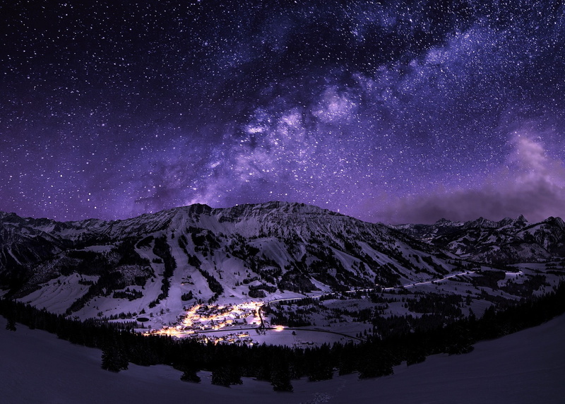 winter, beauty in nature, sky, purple, scenics - nature, snow, Starry Night, snowcapped mountain, no people, space, night, star - space, Long Exposure