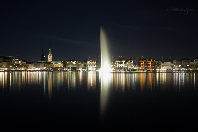 reflection, lights, fountain, 1080P, old building, night, cityscape, long exposure, water, river, landscape, Hamburg, nature, architecture, church, city