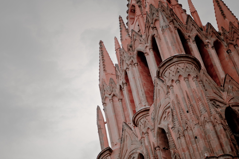 8K, ancient civilization, ornate, san miguel de allende, no people, architectural column, low angle view, pink, travel, guanajuato, spirituality, the past