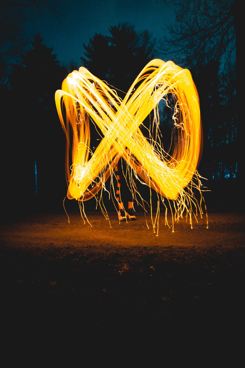 heat - temperature, long exposure, 5K, burning, orange color, near, light art, treed, fire, night, light trail, outdoors, motion, wire wool, steel, yellow