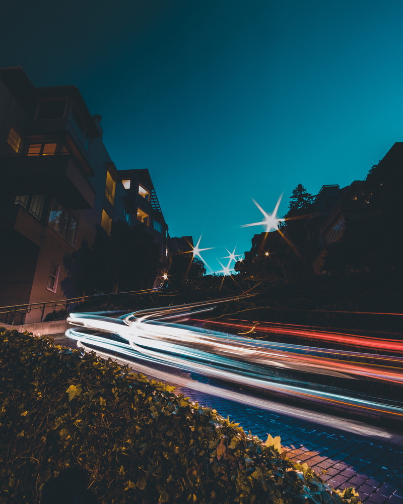 built structure, historic, illuminated, blurred motion, lights, photography, cityscape, city, outdoors, motion, lombard street, road, no people, architecture