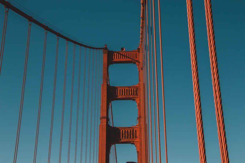 urban, metal, red, rustic, cable, 5K, low angle view, san francisco, golden gate bridge, california, banister, teal, exterior, steel cable, sanfrancisco
