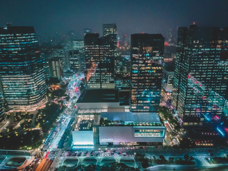night, residential district, financial district, modern, transportation, 2K, building exterior, high angle view, street, city life, crowded, crowd, outdoors
