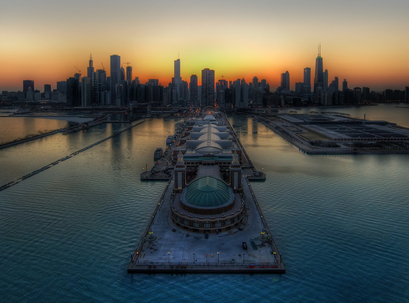 Twilight, city, architecture, Illinois, Dusk, building exterior, grey, building, Buildings, green, spire, piers, United States, no people, skycrapers, tower
