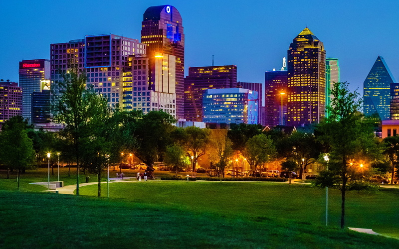 Texas, 1080P, Dallas, park, night, city, trees, lights, evening, cityscape, buildings, USA, skycrapers