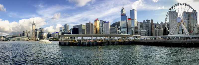 buildings, travel destinations, modern, day time, ocean, built structure, downtown district, hong kong, cityscape, sky, landscape, ferris wheel, city, building