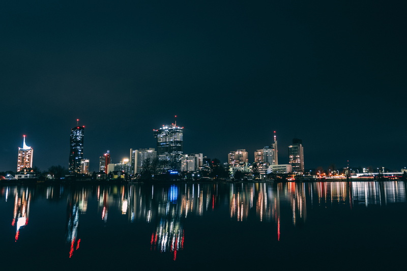 5K, Lights, water, Skycrapers, city, reflection, night