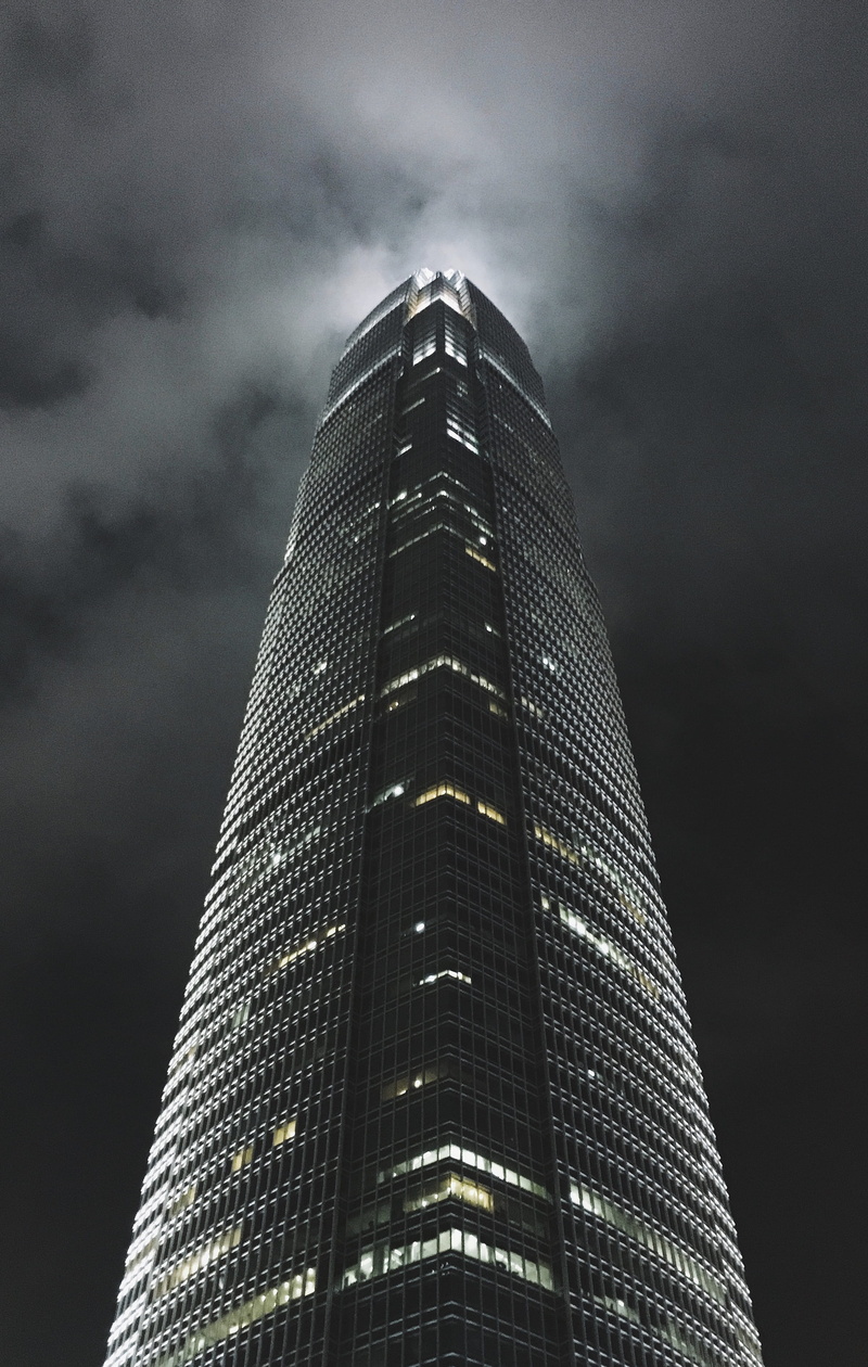 tall - high, ifc, sky, financial district, cloud - sky, tower, dark, nature, 2K, skyscraper, light, no people, illuminated, hong kong, office, outdoors