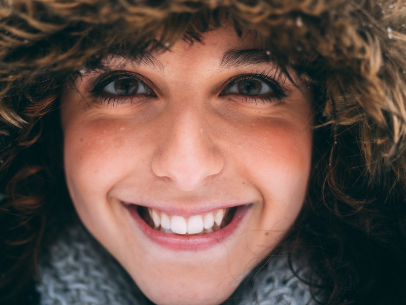 portrait, mouth open, close up, snow day, happiness, human face, front view, looking at camera, human hair, human body part, curly hair, smiling, snow