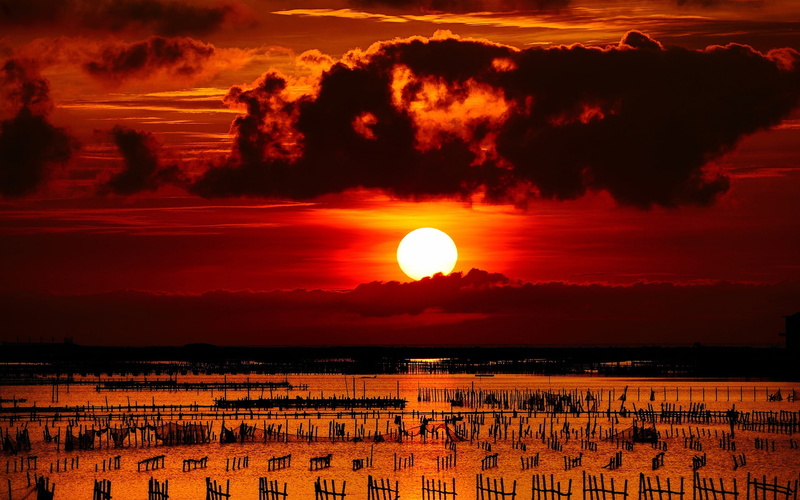 Sky, Sea, Red, Sunset, Fences, columns, Nets, Clouds, 1080P