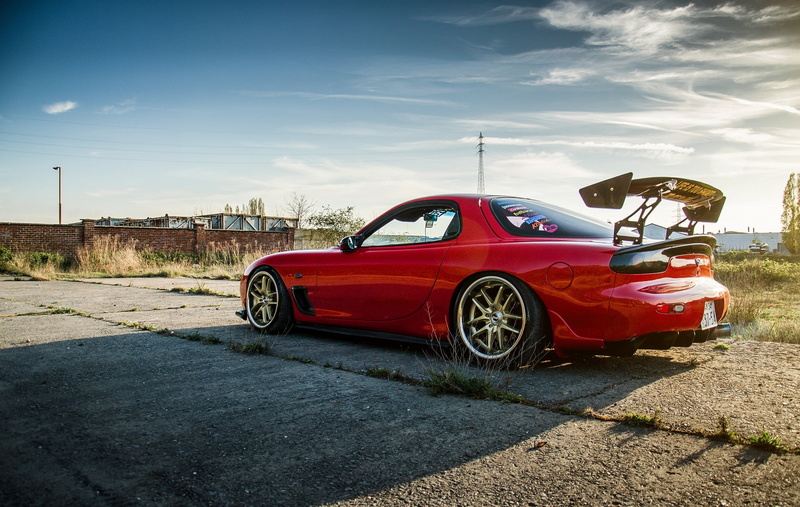 car, side view, transportation, coupe, cloud - sky, street, outdoors, Mazda, sky, luxury, no people, motor vehicle, the sky, red, city, rx-7, retro styled