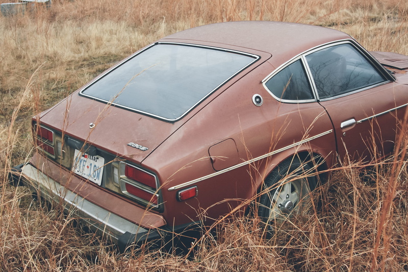 motor vehicle, datson 280z, plant, no people, 2K, run-down, abandoned, rusty, brown, old, land, field, land vehicle, ruined, deterioration, rusty car