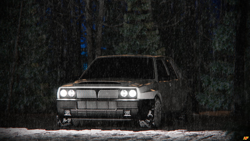 car, rally cars, Lancia Delta Integrale, trees, vehicle, snow, snowing, 4K, Headlights, night