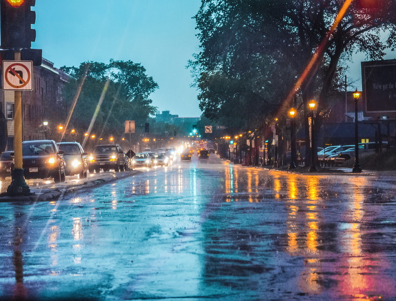 nature, rain, mode of transportation, car, uptown, transportation, hennepin ave, road, no people, building exterior, light, motor vehicle, water, city street