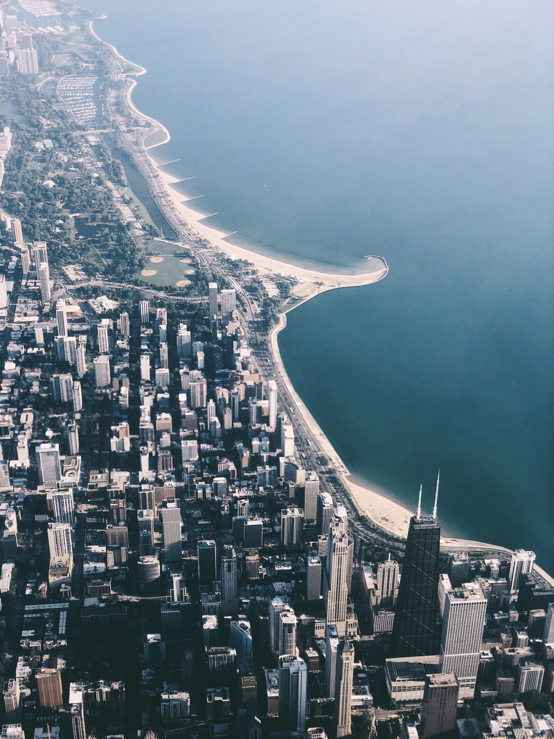rise, building, water, blue, buildings, illinois, air, city, nature, lake, scenery, urban, 4K, crowded, lake michigan, spire, skyscraper, day, high, aerial view