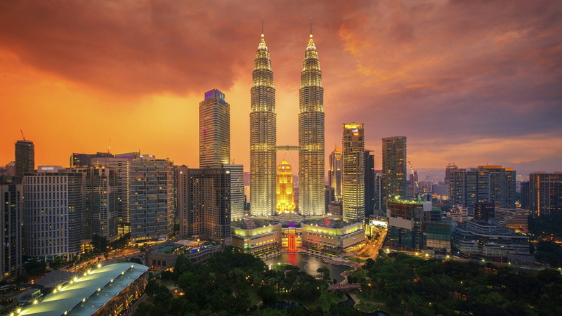 kuala lumpur, malaysia, twin towers, asia, sunset, petronas twin towers, skyscrapers, skyscraper, petronas towers, orange sky, evening, 1080P