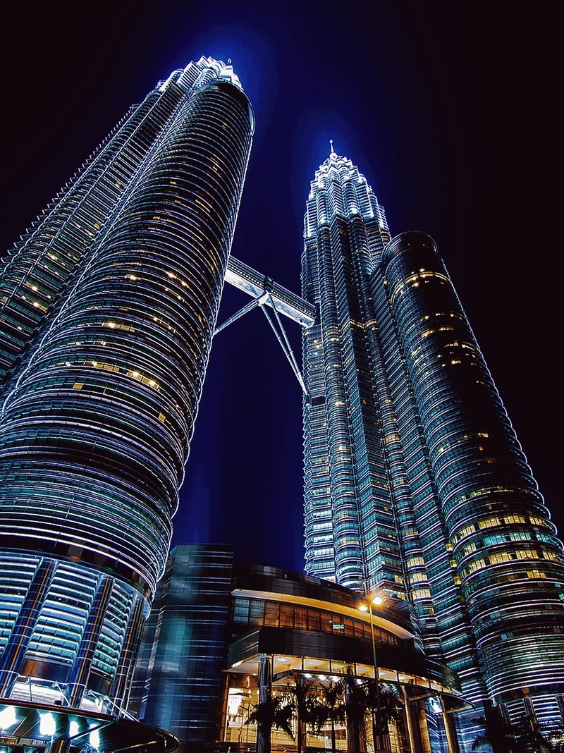 4K, low angle shot, tower, financial, illuminated, buildings, hotel, travel destinations, tall - high, kuala lumpur, nature, outdoors, petronas towers
