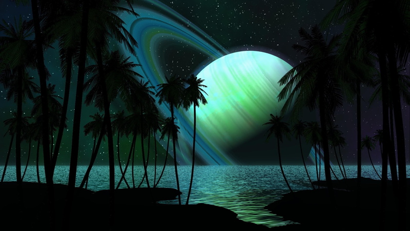 palm tree, palms, space art, cool, night sky, planet, 4K, night, coast
